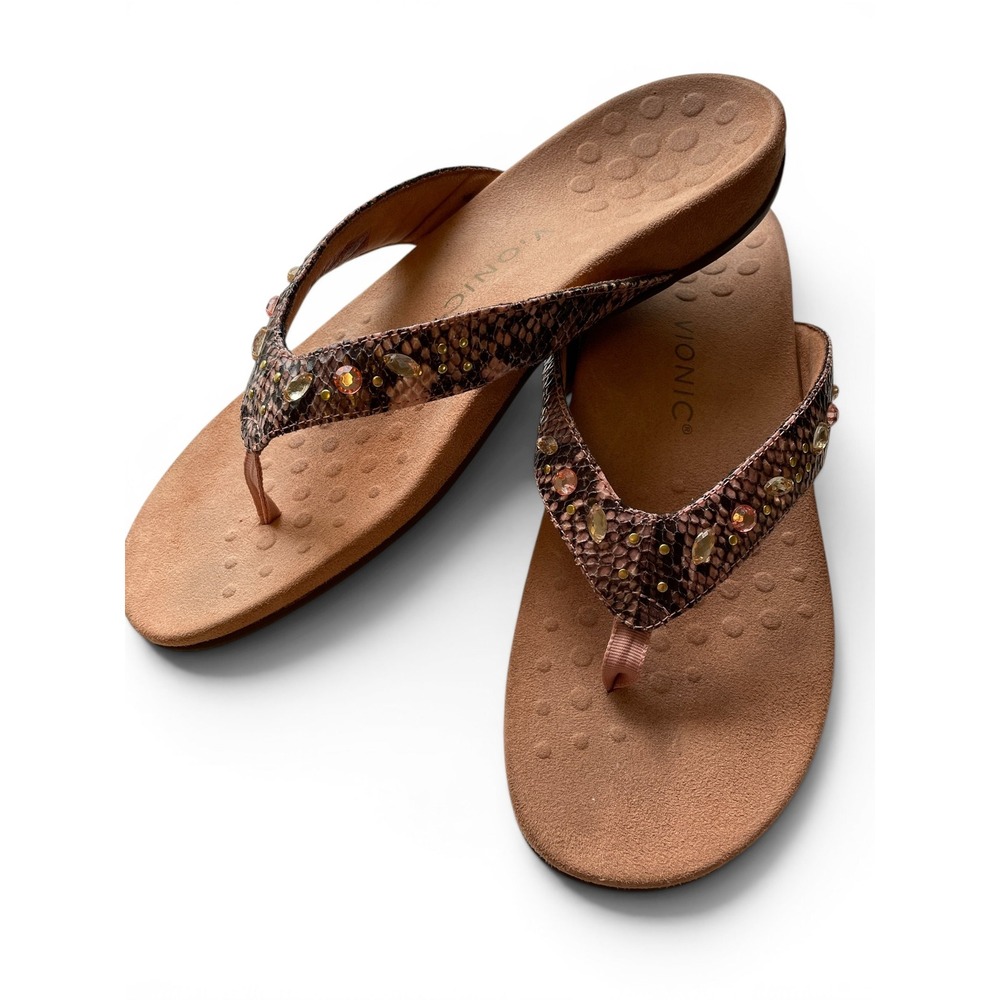 Vionic Lucia Women's 11 Snake Print Rhinestone Orthotic Thong Sandal Flip Flop
